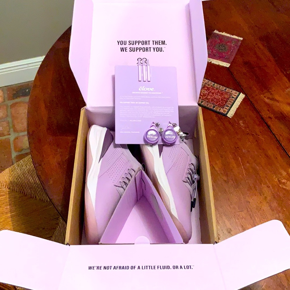 Clove shoes! Size 7 BNIB. Comes with 2 badge reels and 3 pens. Lavender fields.